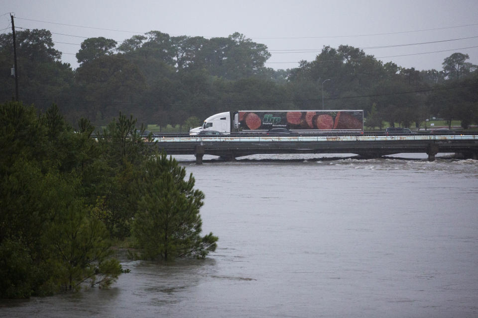 Brays Bayou gets dangerously high near the Texas Medical Center during Tropical Storm Beta Tuesday, Sept. 22, 2020, in Houston. (Marie D. De Jesús/Houston Chronicle via AP)