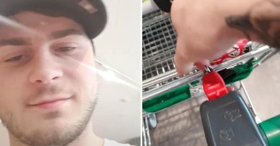 Woolworths shopper uses a key to unlock supermarket shopping trolley