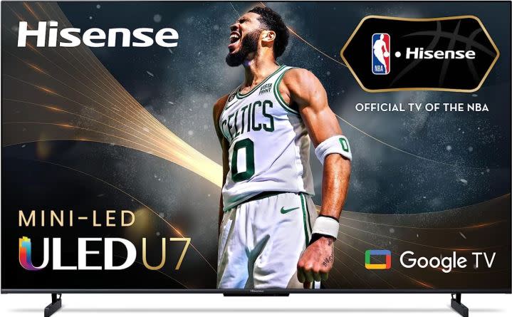 A Hisense Mini LED ULED U7 TV with a basketball player on it.