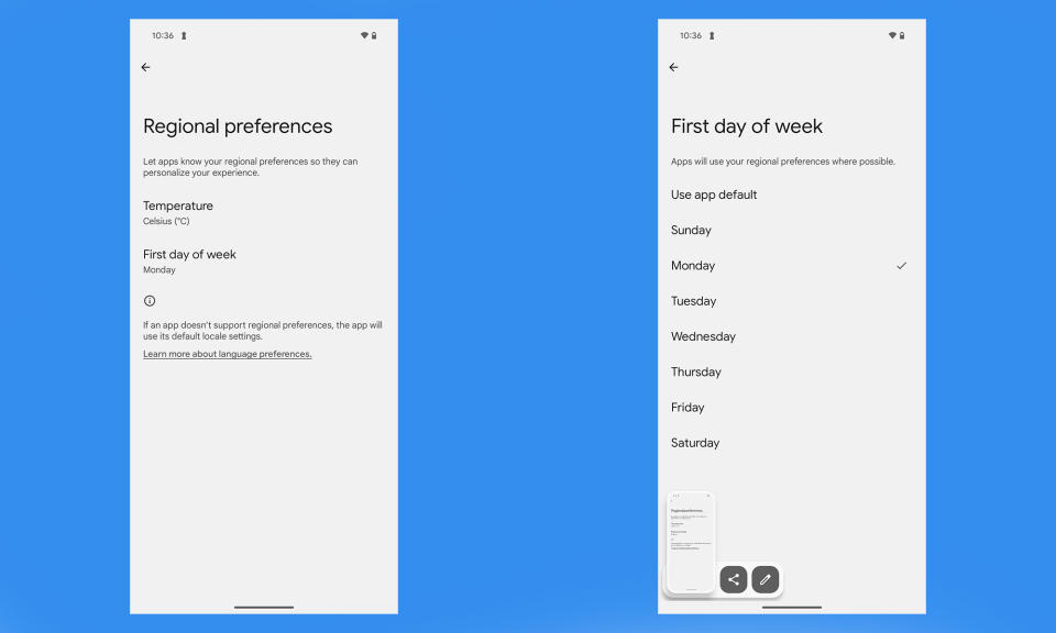 Two screenshots of Android 14's new regional preferences menu, which allows users to set their preferred temperature scale and first day of the week.  