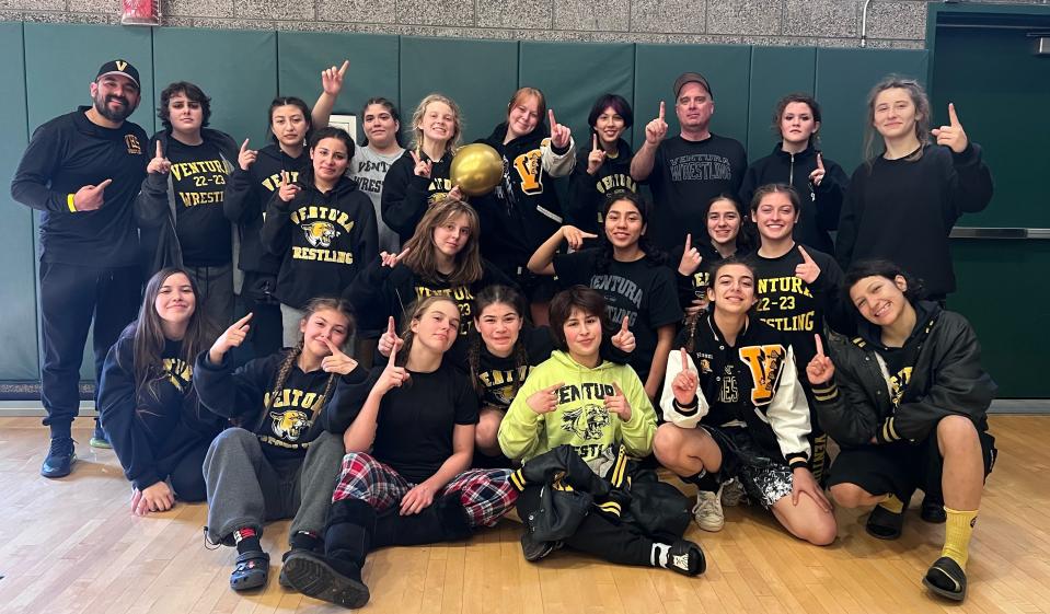 The Ventura High girls wrestling team poses for a photo after winning three matches Saturday at Bonita High to advance to the CIF-SS Division 2 Duals Championship. The Cougars will take on host Laguna Hills on Wednesday at 7 p.m. for the title.