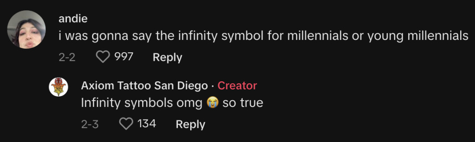 Comment about infinity symbols being popular with millennials, with a tattoo studio agreeing