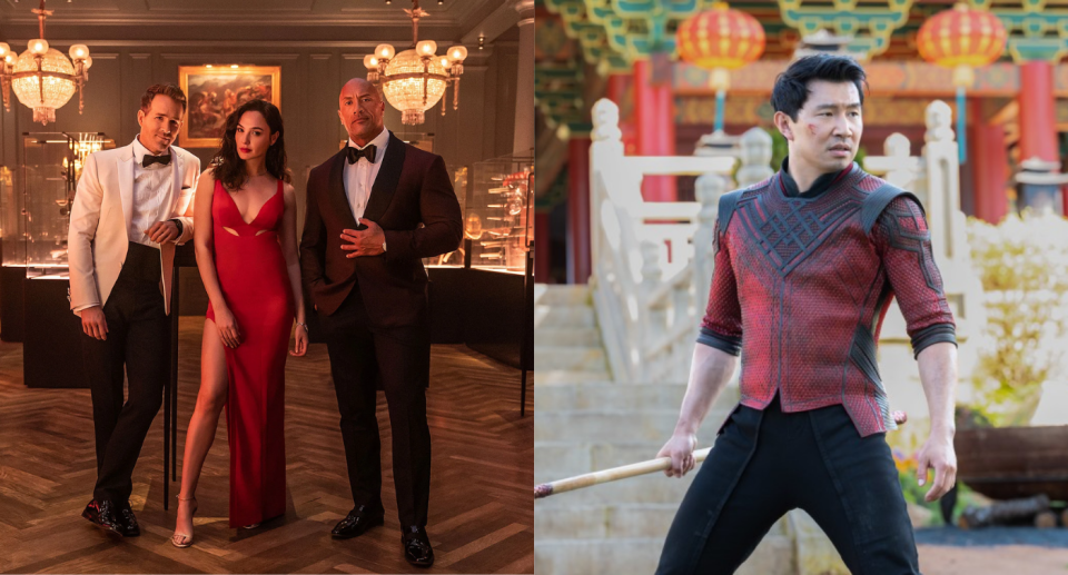 Stills from November new release movies, including Shang Chi and Red Notice.