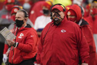Kansas City Chiefs head coach Andy Reid, right, watches from the sideline during the first half of an NFL football game against the Los Angeles Chargers, Sunday, Jan. 3, 2021, in Kansas City. (AP Photo/Charlie Riedel)