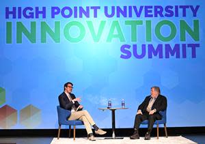 Associate Professor of Astrophysics Dr. Brad Barlow, left, moderates a Q&A session with Steve Wozniak, right, on the topic of Leading with Life Skills at HPU’s Innovation Summit.