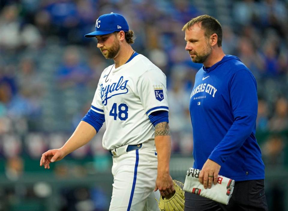 Kansas City Royals pitcher Alec Marsh leaves Wednesday night’s game in the fifth inning after suffering an injury against the Toronto Blue Jays at Kauffman Stadium.