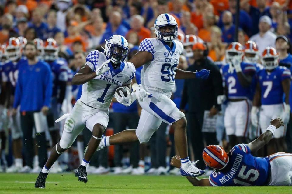 Former Kentucky cornerback Keidron Smith (1) returned an interception 65 yards late in the third quarter for the go-ahead touchdown in No. 20 UK’s 26-16 upset of No. 12 Florida last season at Gainesville.