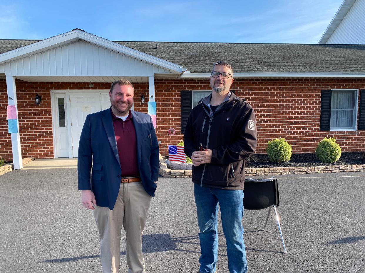 Chad Reichard, left, and Chad Murray greeted voters outside Grace Bible Church, an Antrim Township polling place, during the primary election on Tuesday, April 23. Reichard won the Republican nomination for the 90th Legislative District in the Pennsylvania House of Representatives, while Murray campaigned for his GOP opponent Janon ‘Jay’ Gray.