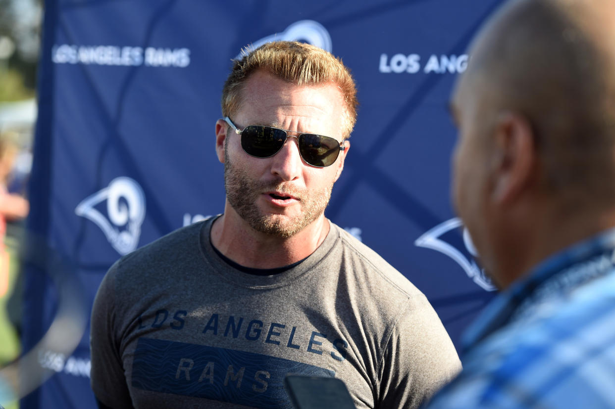 IRVINE, CA - JULY 29: Rams head coach Sean McVay addresses the media during the Los Angeles Rams Training Camp on July 29, 2019, at UC Irvine in Irvine, CA. (Photo by Chris Williams/Icon Sportswire via Getty Images)