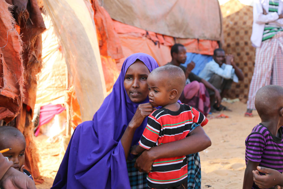 Haway Malin Aliyow fled from Berdale due to drought. After undergoing long hardships, she finally arrived here on the outskirts of Baidoa.