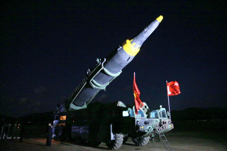 North Korean leader Kim Jong Un inspects the long-range strategic ballistic rocket Hwasong-12 (Mars-12) in this undated photo released by North Korea's Korean Central News Agency (KCNA) on May 15, 2017. KCNA via REUTERS   REUTERS ATTENTION EDITORS - THIS IMAGE WAS PROVIDED BY A THIRD PARTY. EDITORIAL USE ONLY. REUTERS IS UNABLE TO INDEPENDENTLY VERIFY THIS IMAGE. NO THIRD PARTY SALES. SOUTH KOREA OUT.     TPX IMAGES OF THE DAY