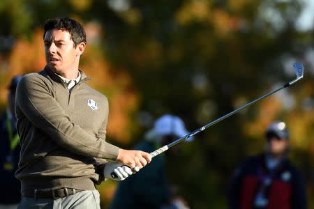 Oct 1, 2016; Chaska, MN, USA; Rory McIlroy of Northern Ireland plays his shot from the 12th tee during the morning foursome matches in the 41st Ryder Cup at Hazeltine National Golf Club. Mandatory Credit: John David Mercer-USA TODAY Sports / Reuters Picture Supplied by Action Images