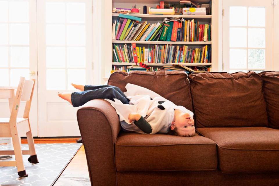 Emerson Jones, 3, plays at his Raleigh home on Wednesday, Jan. 26, 2022. Jones’ daycare class has been closed since Jan. 4th due to a COVID exposure. Despite multiple negative tests, including seven PCR tests, Jones’ can’t rejoin his class until Feb. 3, 2022.