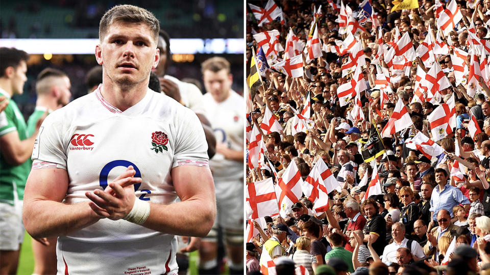 Owen Farrell (pictured left) clapping the opposition and England fans (pictured right) cheering.