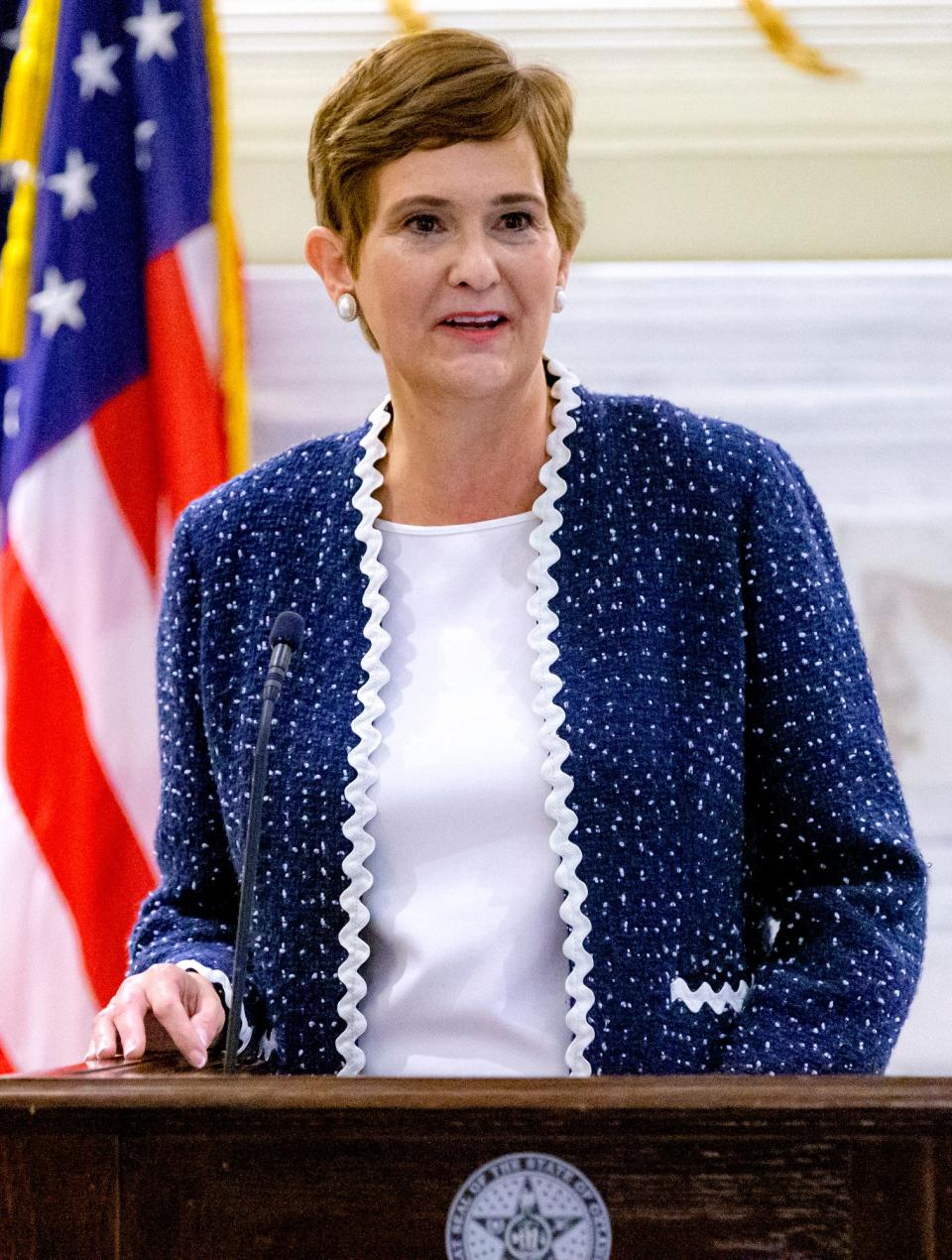 Allison D. Garrett speaks Sept. 24, 2021, during a news conference where she was announced as chancellor-elect of Oklahoma State Regents for Higher Education.