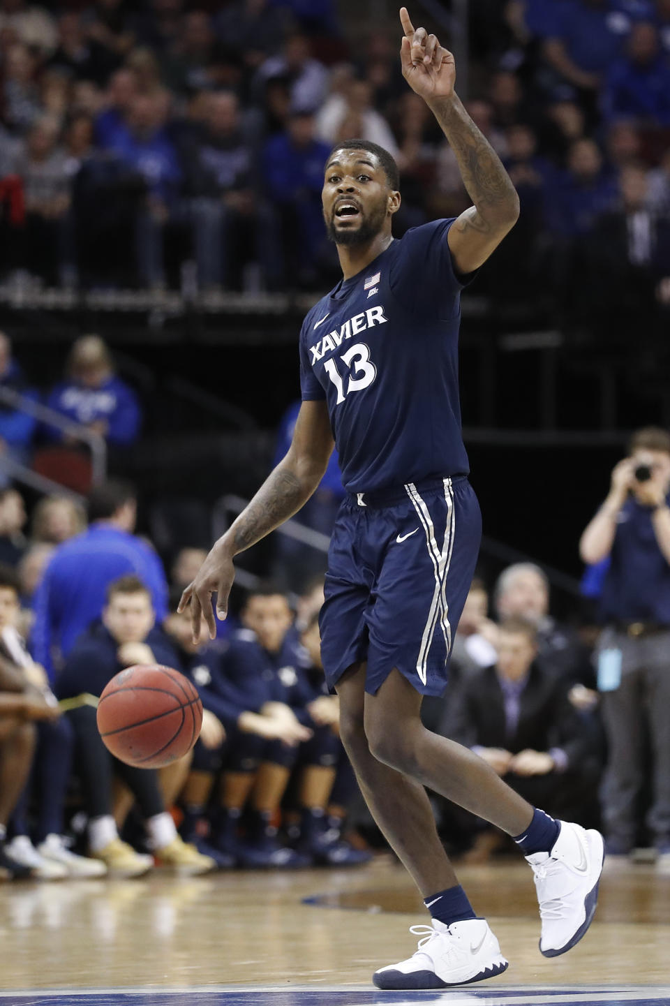 Xavier's Naji Marshall dribbles down the court against Seton Hall during the first half of an NCAA college basketball game, Saturday, feb. 1, 2020, in Newark, N.J. (AP Photo/Michael Owens)