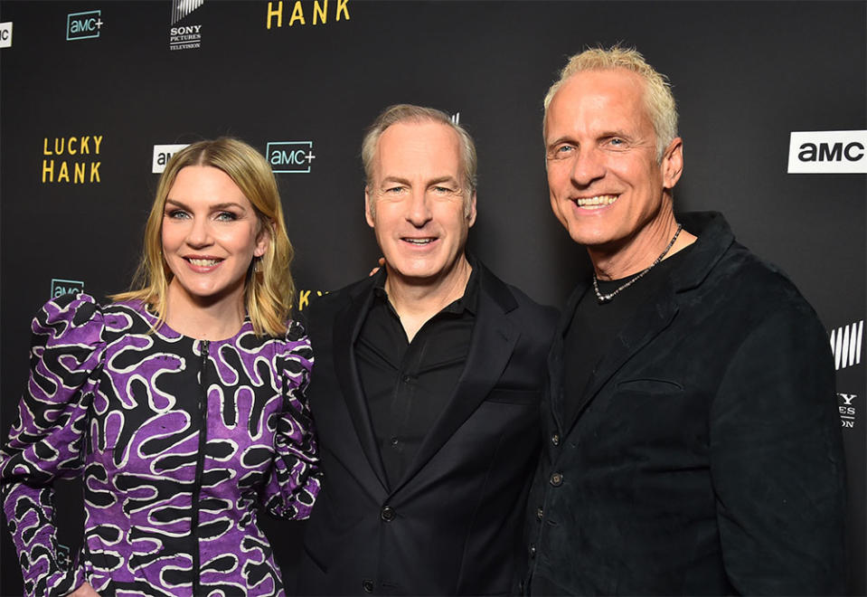 Rhea Seehorn, Bob Odenkirk and Patrick Fabian attend the Los Angeles premiere of AMC Network's "Lucky Hank" at The London West Hollywood at Beverly Hills on March 15, 2023 in West Hollywood, California.