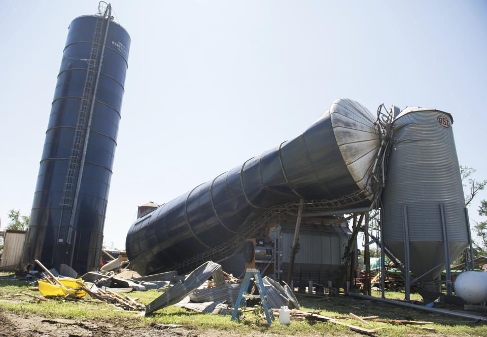 Damage to Wellacrest Farms is shown after a tornado passed through the area earlier in Mullica Hill, N.J., on Thursday, Sept. 2, 2021. The remnants of Hurricane Ida dumped historic rain over in the Northeast, with several deaths linked to flooding in the region as basement apartments suddenly filled with water and freeways and boulevards turned into rivers, submerging cars. (Joe Warner /NJ Advance Media via AP)