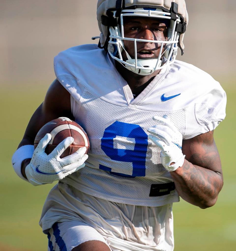 Duke running back Jaquez Moore (9) carries the ball during the Blue Devils’ spring practice on Friday, March 24, 2023 in Durham, N.C.