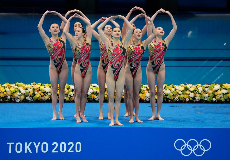 August 6, 2021:China performs in the artistic swimming women's team technical routine during the Tokyo 2020 Olympic Summer Games at Tokyo Aquatics Centre.