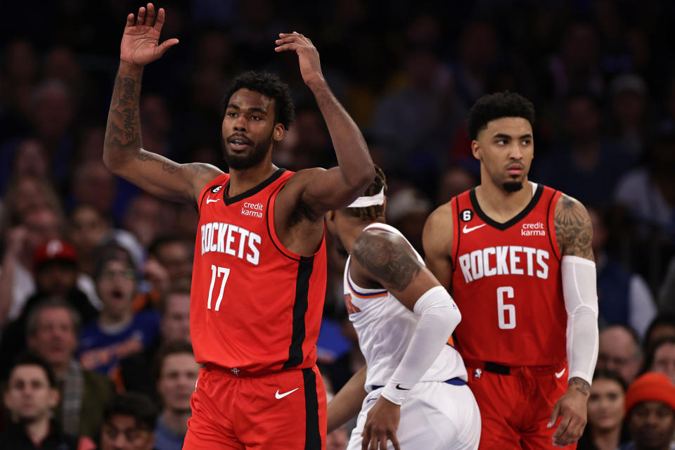 Houston Rockets forward Tari Eason reacts after a call against his team during the second half of an NBA basketball game against the New York Knicks, Monday, March 27, 2023, in New York. (AP Photo/Adam Hunger)