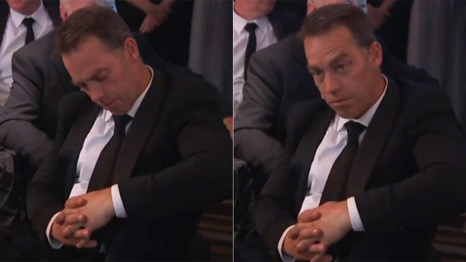 Alastair Clarkson nods off during Tom Mitchell’s acceptance speech. Pic: Seven