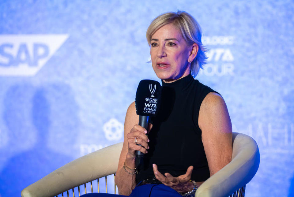 Chris Evert talks to the media during the GNP Seguros WTA Finals on Nov. 2, 2023, in Cancun, Mexico. / Credit: Getty Images