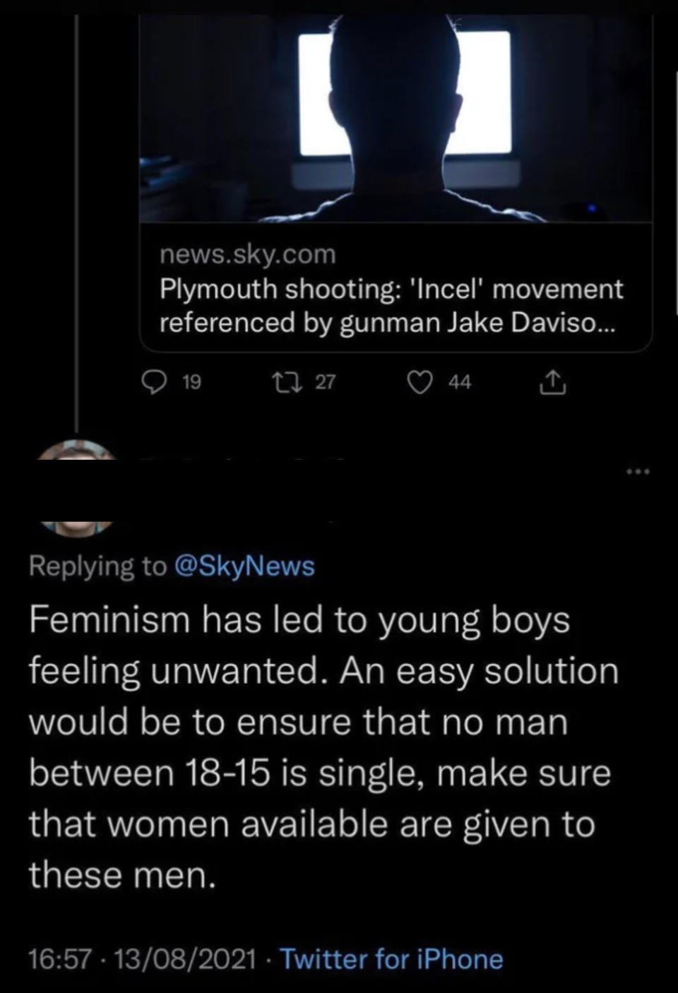 Post with a comment from someone saying, "Feminism has led to young boys feeling unwanted. An easy solution would be to ensure that no man between 18-15 is single, make sure that women available are given to these men."