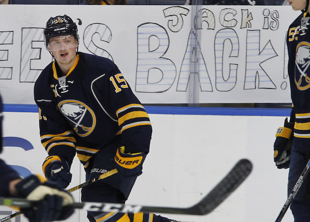 Buffalo Sabres center Jack Eichel (15) makes his season home debut against the New York Rangers, Thursday, Dec. 1, 2016, in Buffalo, N.Y. (AP Photo/Jeffrey T. Barnes)