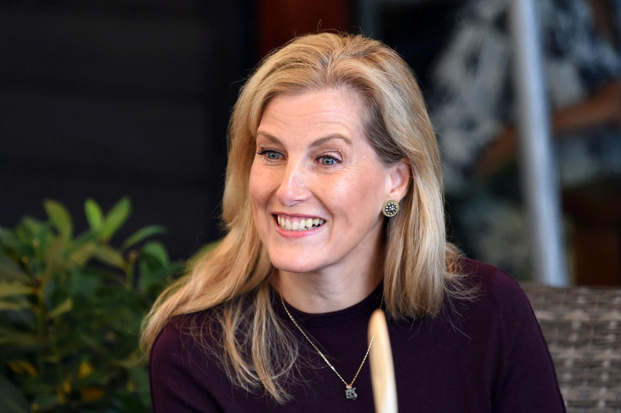 Britain's Sophie, Countess of Wessex, speaks to members of the Bagshot Women's Institute during her visit at The Half Moon pub, following an outbreak of the coronavirus disease (COVID-19), in Windlesham, Britain July 8, 2020. Stuart C. Wilson/Pool via REUTERS