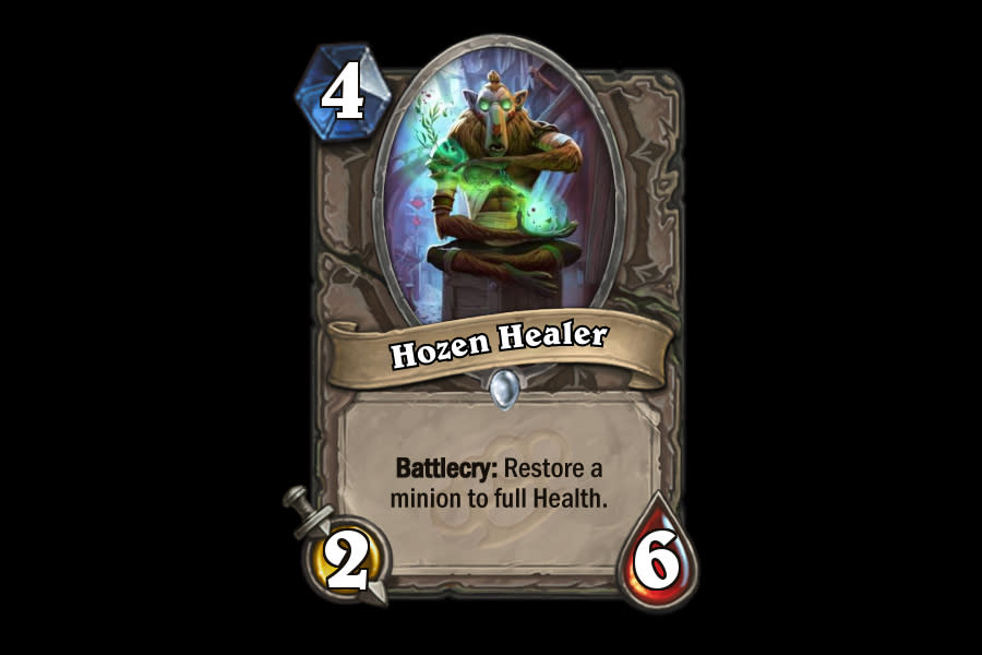 <p>2/6 is an awkward size for a minion, and the ability to fully heal up another minion doesn't really make it much better. It's hard to imagine a time when one would want to run Hozen Healer over, well, just about any other four drop. </p>