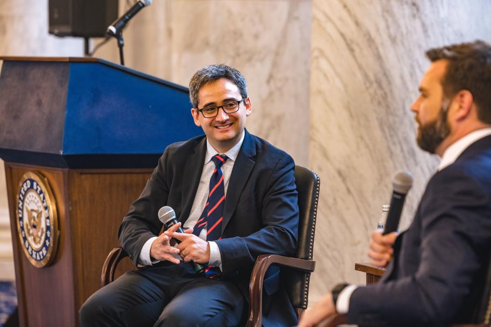 Oren Cass speaks with Sen. J.D. Vance, R-Ohio, at the Rebuilding American Capitalism forum in the Russell Senate Office Building in Washington, D.C., on June 21, 2023. | American Compass