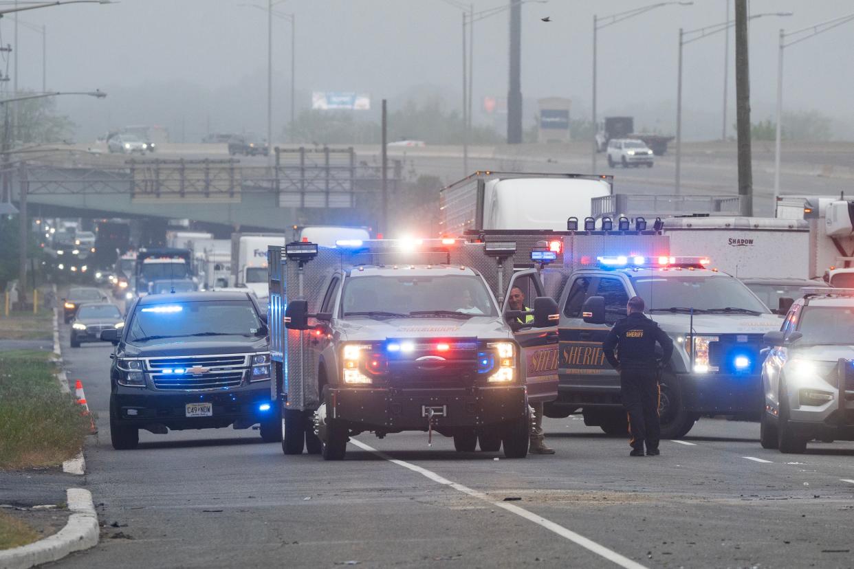 The left lane of traffic passes an accident scene after the vehicles have been cleared on Route 17 southbound in Hackensack, NJ on Thursday May 2, 2024.