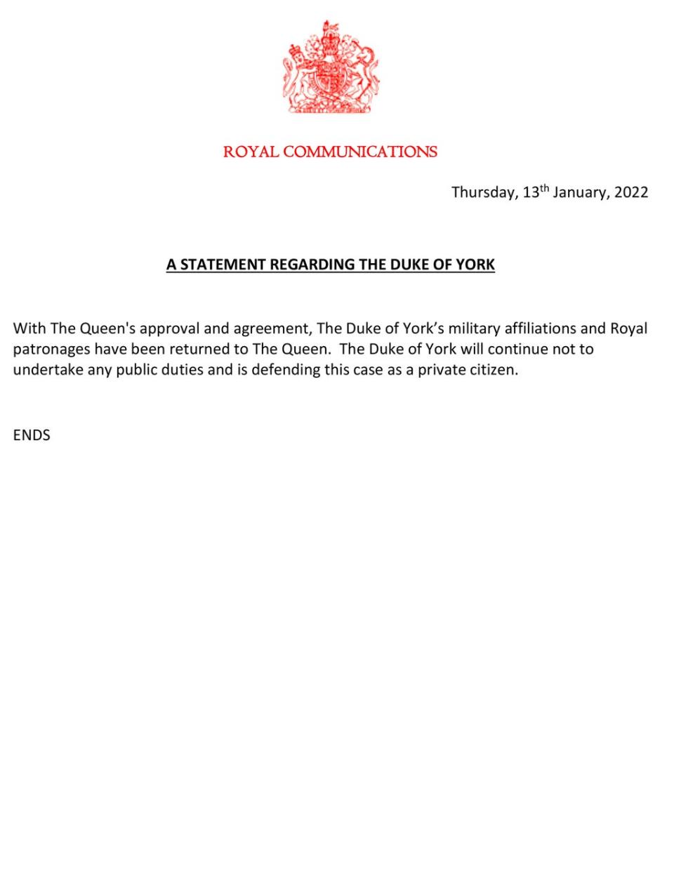 The Duke of York’s military affiliations and royal patronages have been returned to the Queen (Handout/PA) (PA Media)