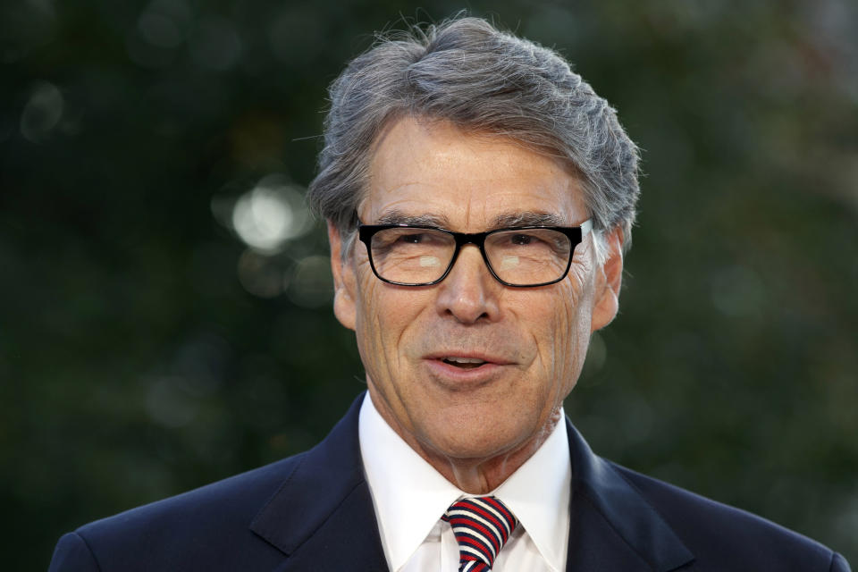 FILE - In this Oct. 23, 2019, file photo, outgoing Energy Secretary Rick Perry is interviewed at the White House in Washington. Months after Colorado’s voters decided to join Oregon in decriminalizing psychedelic mushrooms, Denver will host a conference this week put on by a psychedelic advocacy group bringing together an unlikely cohort of speakers — including Rodgers, former Texas Gov. Rick Perry, and rapper Jaden Smith, the son of actor Will Smith. (AP Photo/Jacquelyn Martin, File)