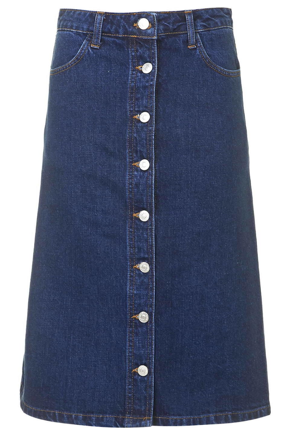 <p>Topshop Moto Denim Button-Front Midi Skirt, 458, <a href="http://us.topshop.com/en/tsus/product/clothing-70483/denim-70972/moto-denim-button-front-midi-skirt-4726834?bi=0&ps=200" rel="nofollow noopener" target="_blank" data-ylk="slk:topshop.com;elm:context_link;itc:0;sec:content-canvas" class="link ">topshop.com</a><br><br></p>