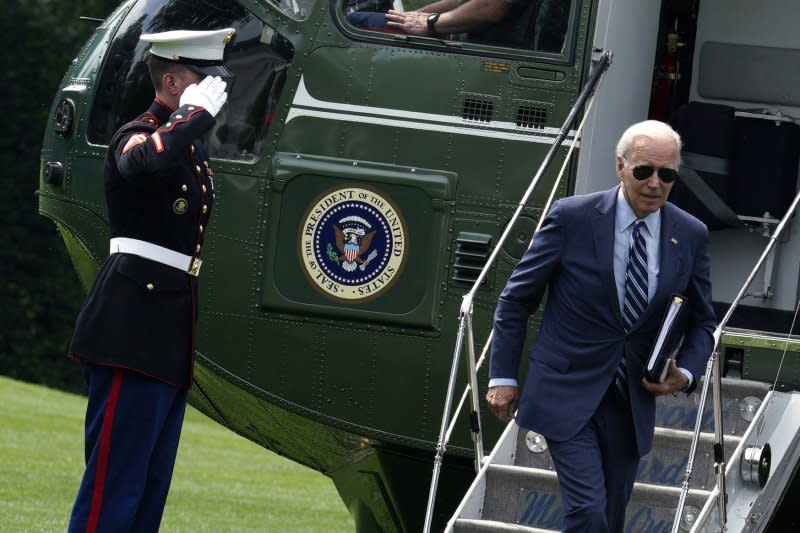 President Joe Biden arrives on the South Lawn of the White House on Monday upon his return to Washington, D.C., after a weekend in Delaware. Photo by Yuri Gripas/UPI