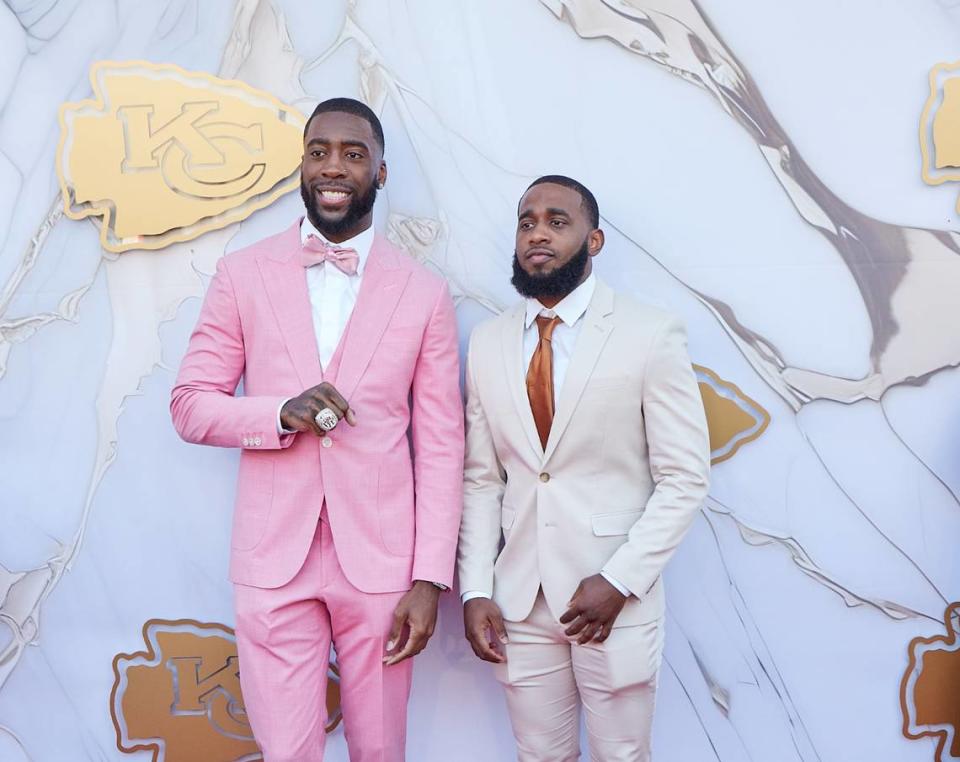 Kansas City Chiefs cornerback Jaylen Watson poses at the team’s Super Bowl ring ceremony at the Nelson-Atkins Museum of Art in Kansas City on June 13, 2024.