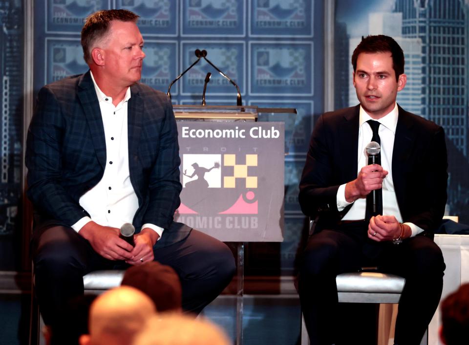 Tigers manager A.J. Hinch, left, listens to Tigers president Scott Harris talk during the Detroit Economic Club luncheon at the MotorCity Casino Hotel in Detroit on Tuesday, June 13, 2023.