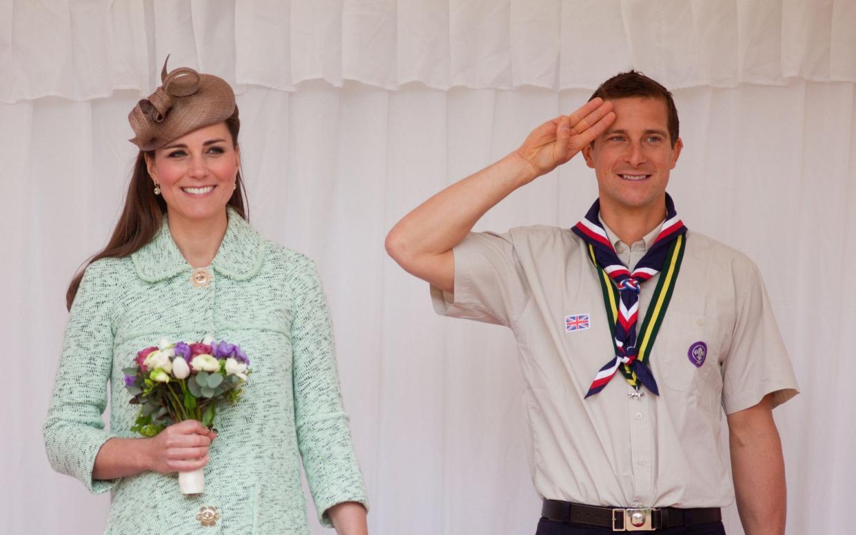 Chief Scout Bear Grylls, pictured with the Duchess of Cambridge, has called on the Scouts to help de-radicalise Muslim youngsters but a Telegraph investigation has found worrying links between mosques with scout packs and extremism - B68