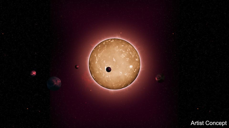 An artist's depiction of the Kepler-444 solar system, which is made up of small, rocky planets orbiting a relatively old star. <cite>NASA/JPL-Caltech/AMES/Univ. of Birmingham</cite>