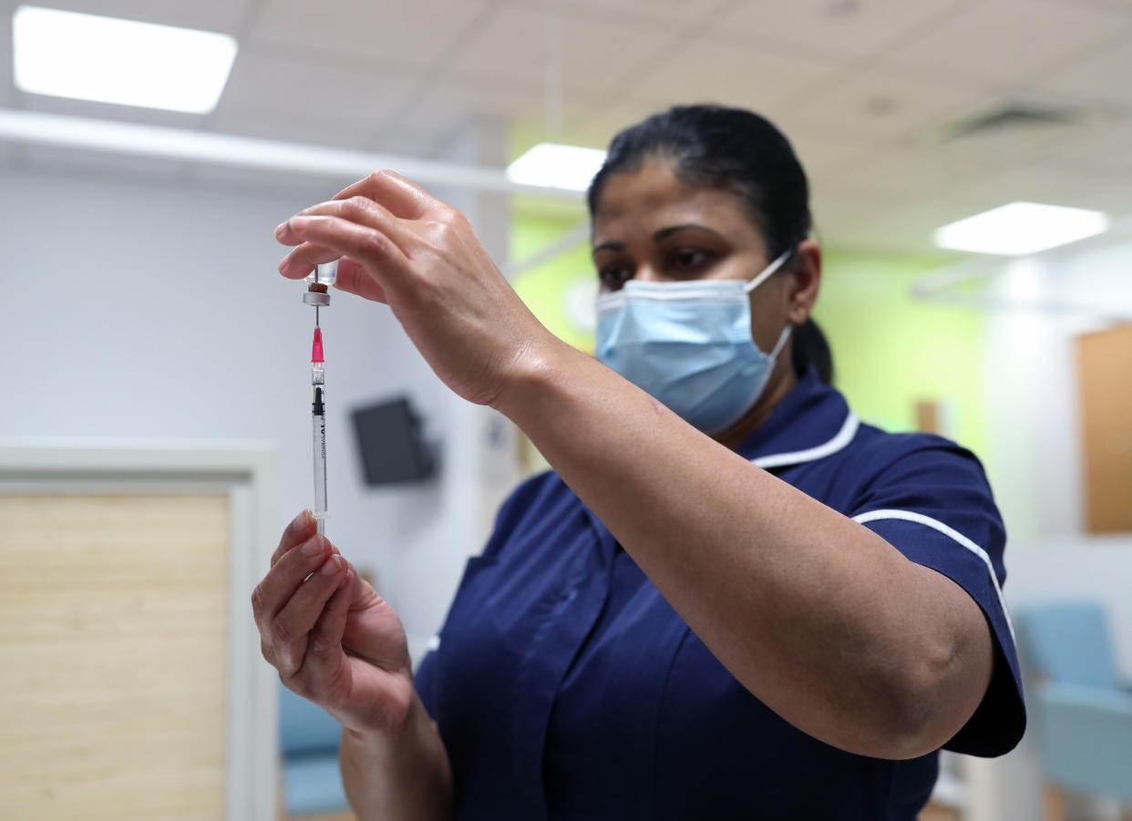 LONDON, ENGLAND - DECEMBER 05: Nurses at the Royal Free Hospital, London, simulate the administration of the Pfizer vaccine to support staff training ahead of the rollout, on December 5, 2020 in London, England. (Photo by Yui Mok - WPA Pool/Getty Images)