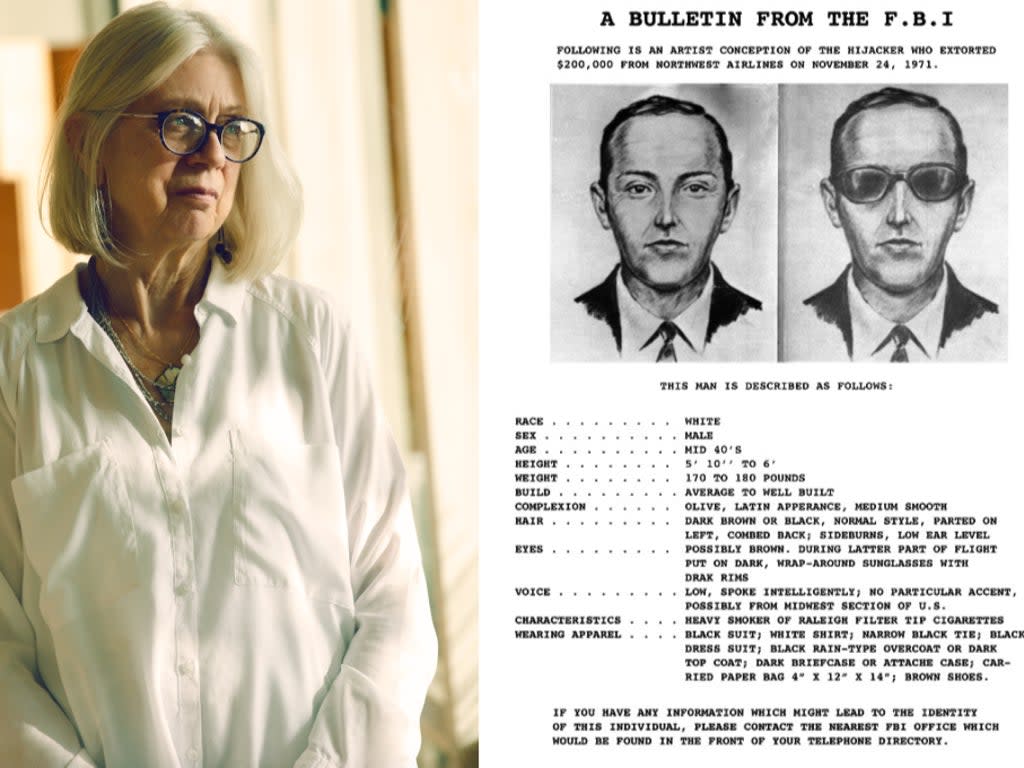 Tina Mucklow (left) was one of three flight attendants on the flight hijacked by a man known as DB Cooper (pictured right in an FBI sketch) in 1971 (Yasmine Kateb)