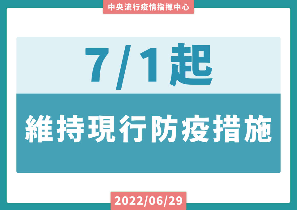 7/1起，維持現行防疫措施。   圖：中央流行疫情指揮中心提供