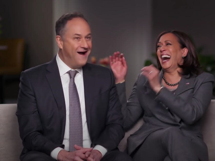 Doug Emhoff and vice president-elect Kamala Harris in an interview with CBS Sunday Morning. Doug Emhoff looks shocked as Kamala Harris laughs