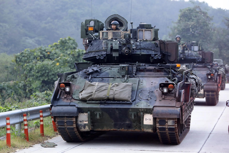 POCHEON, SOUTH KOREA - SEPTEMBER 19:  U.S. soldiers on M2 Bradley armored vehicles take part during the Warrior Strike VIII exercise at the Rodriguez Range on September 19, 2017 in Pocheon, South Korea. The United States 2ID (2nd Infantry Division) stationed in South Korea operates the exercise to improve defense capability from any invasion.  (Photo by Chung Sung-Jun/Getty Images)