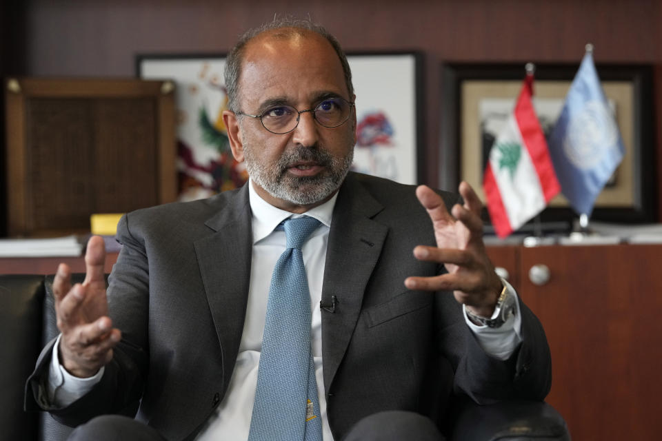 Imran Riza, U.N. resident and humanitarian coordinator for Lebanon, speaks during an interview with The Associated Press, in Beirut, Lebanon, Thursday, June 8, 2023. Aid agencies are yet again struggling to draw the world's attention back to Syria in a two-day donor conference hosted by the European Union in Brussels for humanitarian aid to Syrians that begins Wednesday. Funding from the conference also goes toward providing aid to some 5.7 million Syrian refugees living in neighboring countries, particularly Turkey, Lebanon and Jordan. (AP Photo/Hussein Malla)