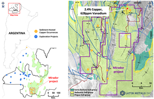 Mirador project location in Argentina together with various current and historical project locations (left), and Mirador project claim block together with regional geologyand historical copper occurrences (right)