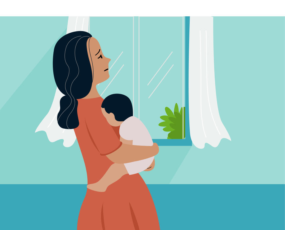 Fatigue mother stand and hold her baby at home. Postpartum Anxiety and depression concept, flat vector illustration.