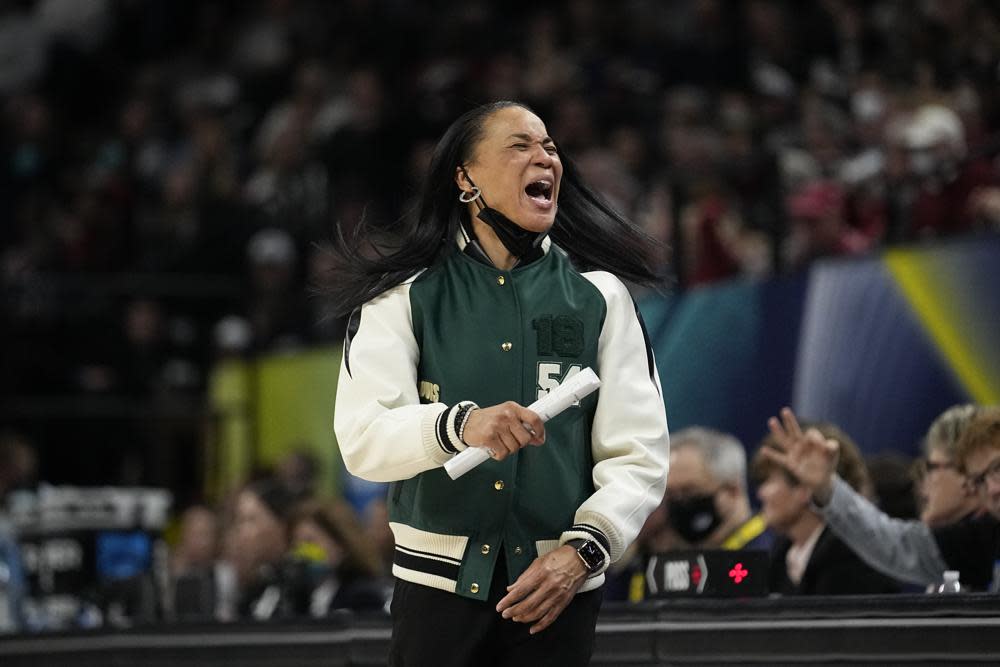 South Carolina head coach Dawn Staley reacts during the second half of a college basketball game in the final round of the Women’s Final Four NCAA tournament Sunday, April 3, 2022, in Minneapolis. (AP Photo/Eric Gay)